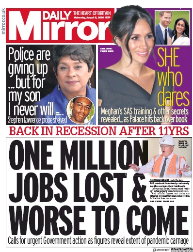 Daily Mirror Newspaper Front Page for 12 August 2020