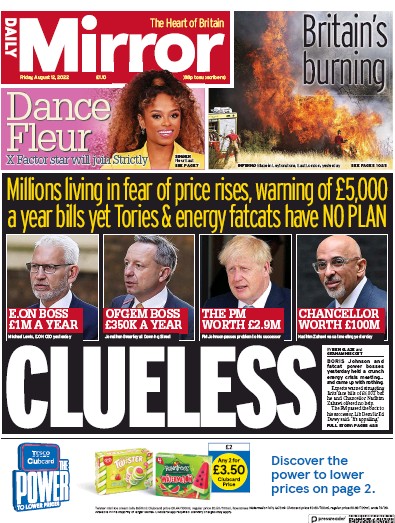 Daily Mirror (UK) Newspaper Front Page for 12 August 2022