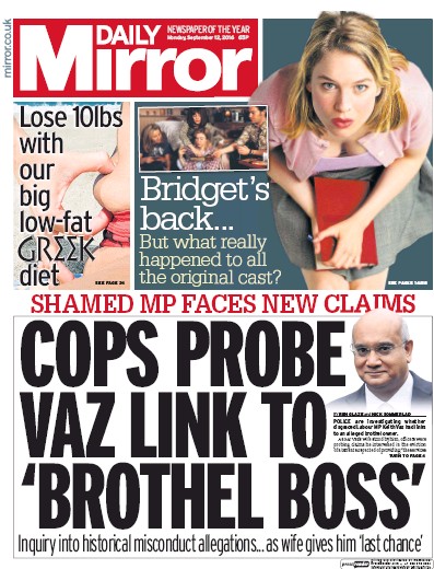 Daily Mirror Newspaper Front Page for 12 September 2016