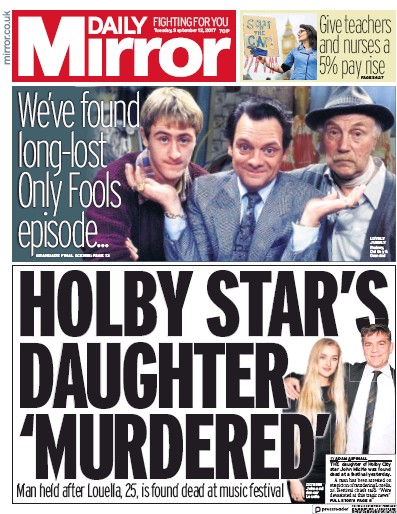 Daily Mirror Newspaper Front Page for 12 September 2017