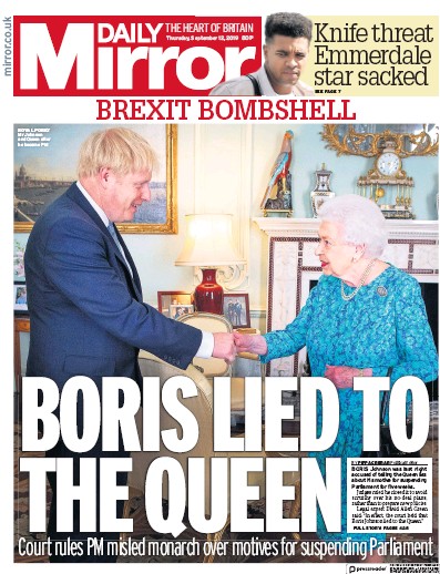 Daily Mirror Newspaper Front Page for 12 September 2019