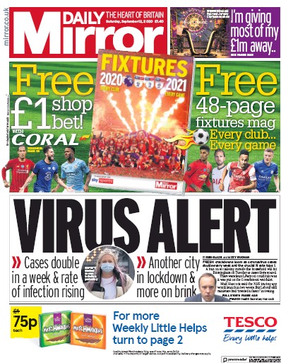 Daily Mirror Newspaper Front Page for 12 September 2020