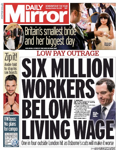 Daily Mirror Newspaper Front Page for 13 October 2015