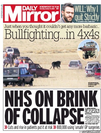 Daily Mirror Newspaper Front Page for 13 October 2016