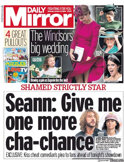 Daily Mirror Newspaper Front Page for 13 October 2018