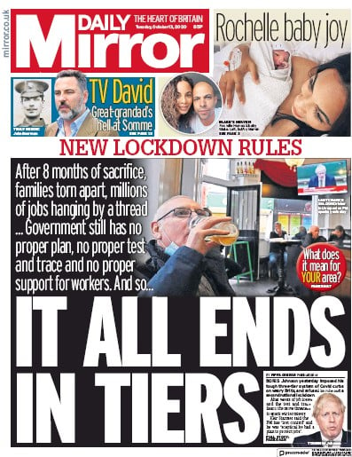 Daily Mirror Newspaper Front Page for 13 October 2020