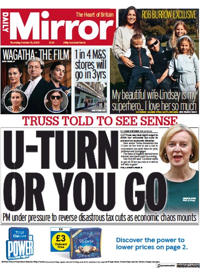 Daily Mirror Newspaper Front Page for 13 October 2022