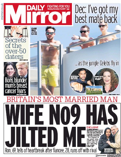 Daily Mirror Newspaper Front Page for 13 November 2017