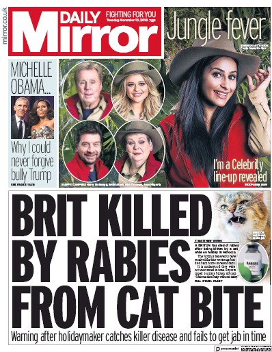 Daily Mirror Newspaper Front Page for 13 November 2018