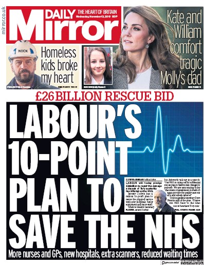 Daily Mirror Newspaper Front Page for 13 November 2019