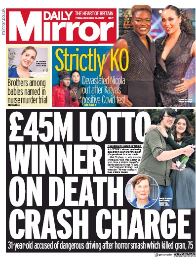 Daily Mirror Newspaper Front Page for 13 November 2020