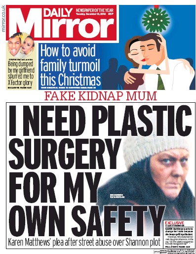 Daily Mirror Newspaper Front Page for 13 December 2016