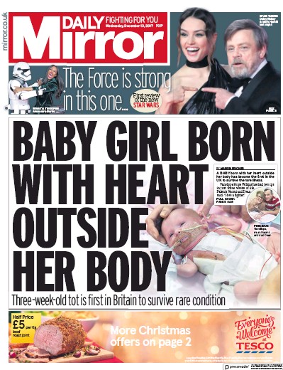 Daily Mirror Newspaper Front Page for 13 December 2017