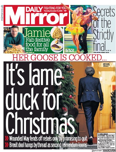 Daily Mirror (UK) Newspaper Front Page for 13 December 2018