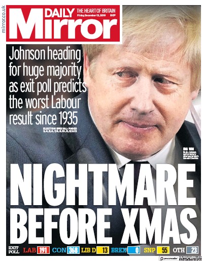 Daily Mirror Newspaper Front Page for 13 December 2019