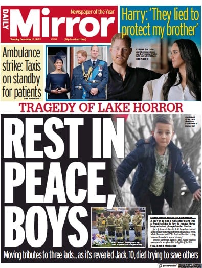 Daily Mirror (UK) Newspaper Front Page for 13 December 2022