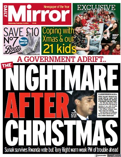 Daily Mirror Newspaper Front Page for 13 December 2023