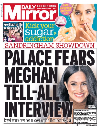 Daily Mirror Newspaper Front Page for 13 January 2020