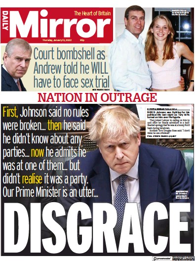Daily Mirror (UK) Newspaper Front Page for 13 January 2022