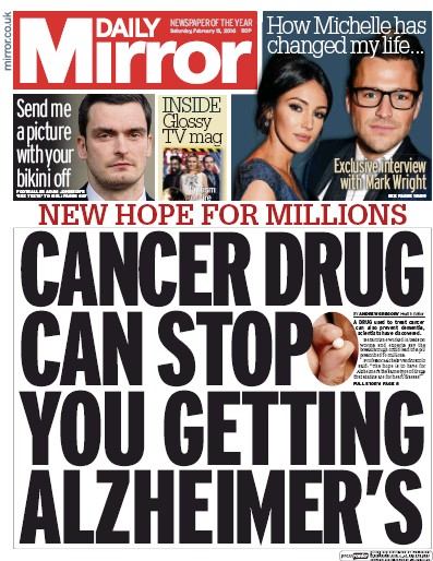 Daily Mirror Newspaper Front Page for 13 February 2016