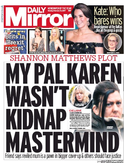 Daily Mirror Newspaper Front Page for 13 February 2017