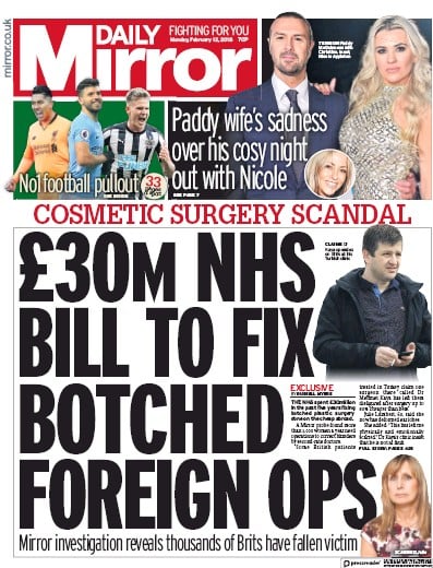 Daily Mirror Newspaper Front Page for 13 February 2018