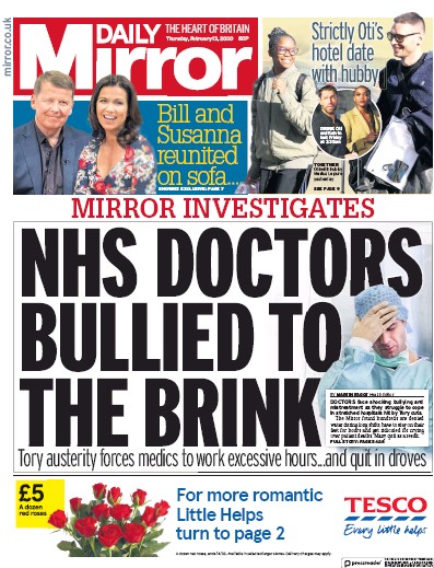 Daily Mirror Newspaper Front Page for 13 February 2020