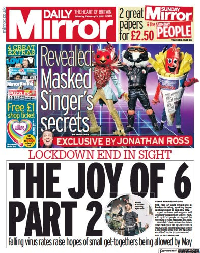Daily Mirror Newspaper Front Page for 13 February 2021