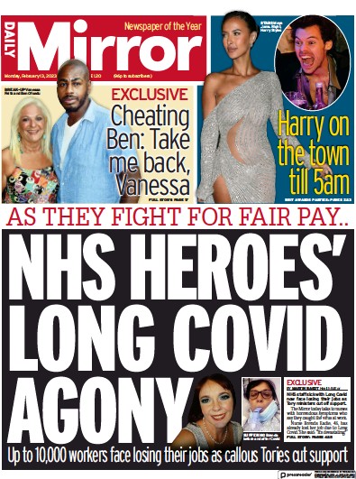 Daily Mirror (UK) Newspaper Front Page for 13 February 2023
