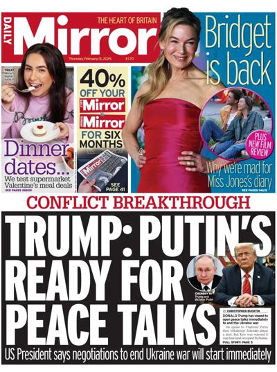 Daily Mirror (UK) Newspaper Front Page for 13 February 2025