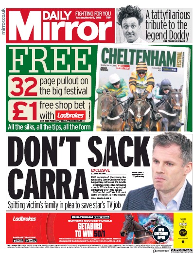 Daily Mirror Newspaper Front Page for 13 March 2018