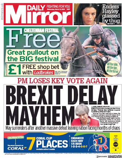 Daily Mirror Newspaper Front Page for 13 March 2019
