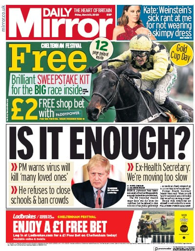Daily Mirror (UK) Newspaper Front Page for 13 March 2020