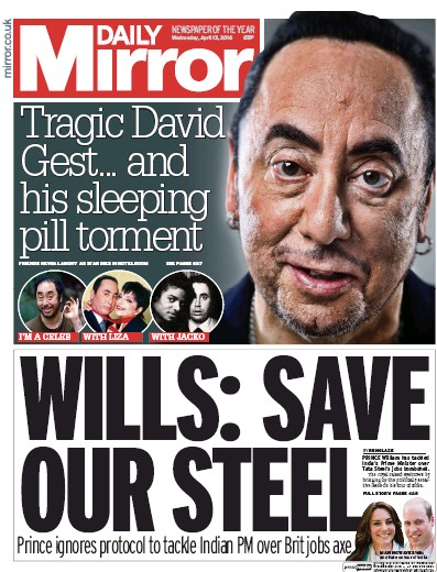 Daily Mirror Newspaper Front Page for 13 April 2016