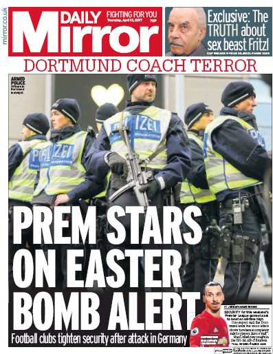 Daily Mirror Newspaper Front Page for 13 April 2017
