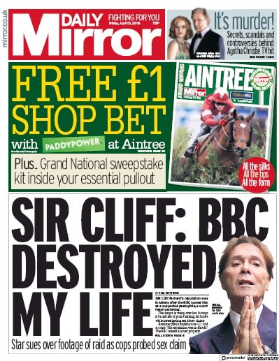 Daily Mirror Newspaper Front Page for 13 April 2018