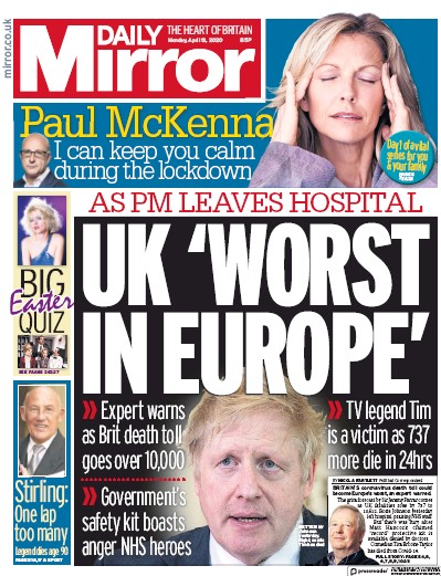 Daily Mirror Newspaper Front Page for 13 April 2020