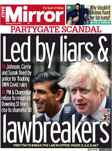 Daily Mirror Newspaper Front Page for 13 April 2022