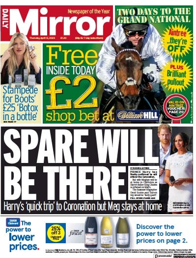 Daily Mirror (UK) Newspaper Front Page for 13 April 2023