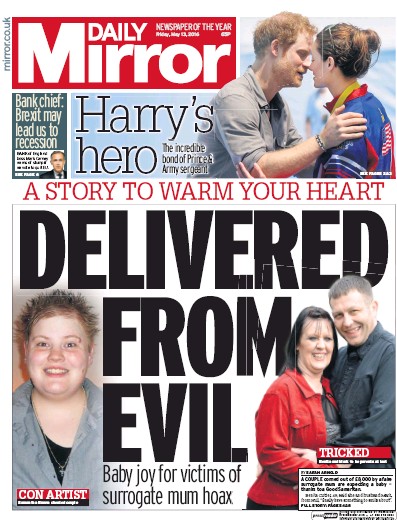 Daily Mirror Newspaper Front Page for 13 May 2016