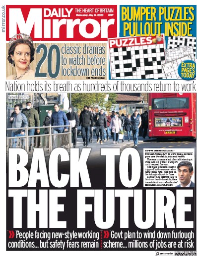 Daily Mirror Newspaper Front Page for 13 May 2020
