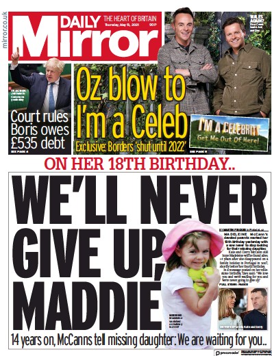 Daily Mirror Newspaper Front Page for 13 May 2021