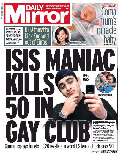 Daily Mirror (UK) Newspaper Front Page for 13 June 2016