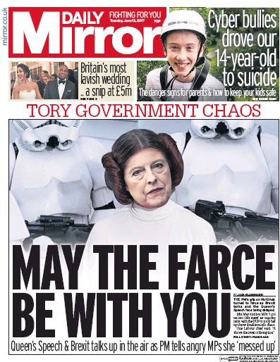 Daily Mirror Newspaper Front Page for 13 June 2017