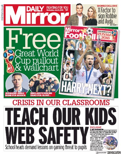 Daily Mirror Newspaper Front Page for 13 June 2018