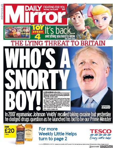 Daily Mirror Newspaper Front Page for 13 June 2019