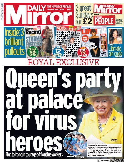 Daily Mirror Newspaper Front Page for 13 June 2020