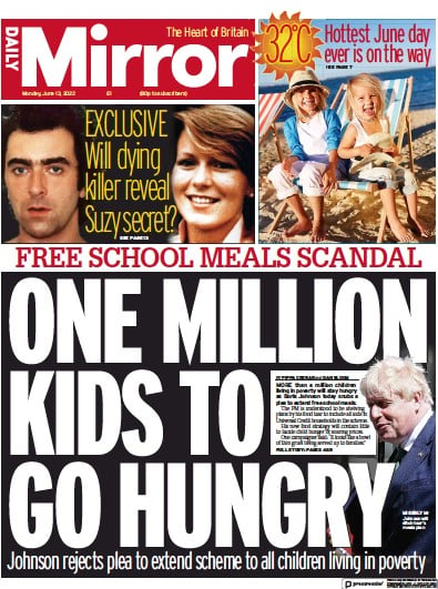 Daily Mirror (UK) Newspaper Front Page for 13 June 2022