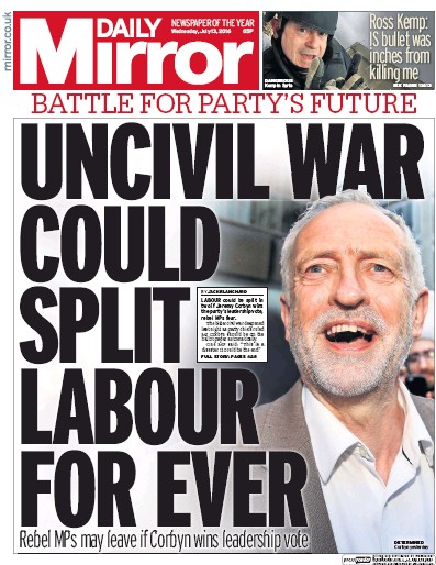 Daily Mirror Newspaper Front Page for 13 July 2016