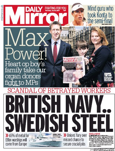Daily Mirror Newspaper Front Page for 13 July 2017